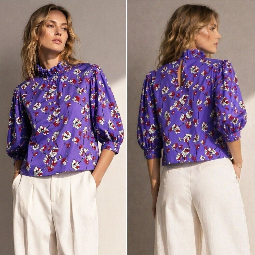 SLV Sur La Vague Floral Ruffle Neck Blouse  Cotton Top Sz 1/ XS-S Cottagecore